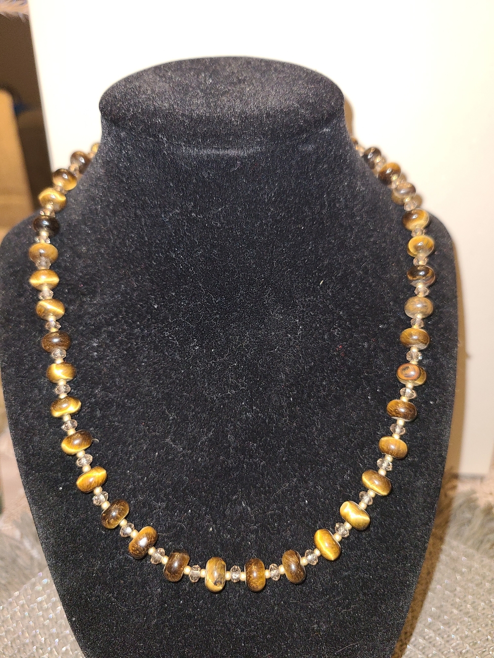 Handmade Tiger's Eye Bead Necklace With Beige Crystals